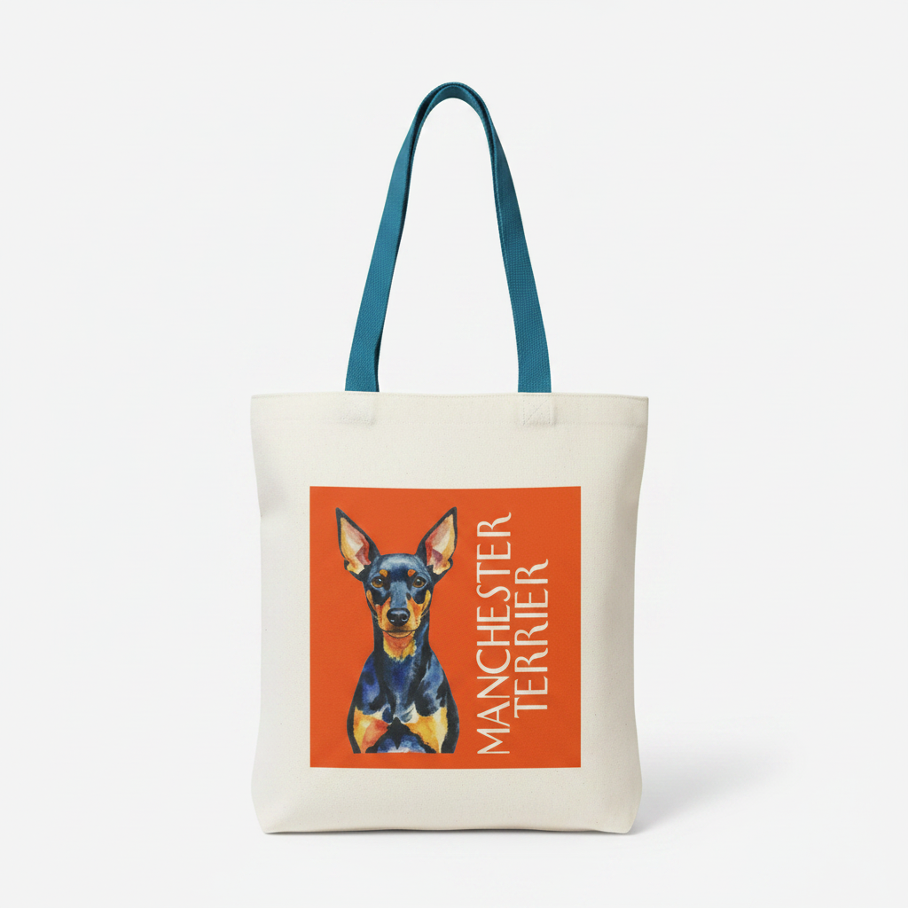 White canvas tote bag with bold orange Manchester Terrier print and teal handles